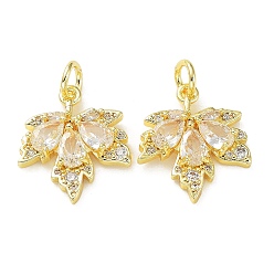 Настоящее золото 18K Подвески из латуни с покрытием из прозрачного кубического циркония, долговечный, без кадмия и без свинца, с прыжковых колец, лист, реальный 18 k позолоченный, 19.5x17x3.5 мм, отверстие : 4 мм