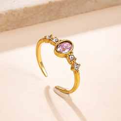 Pink 304 Anillos abiertos de acero inoxidable con micro pavé de circonitas cúbicas, oval, dorado, rosa, Tamaño estadounidense 4 1/4(15mm)~20mm