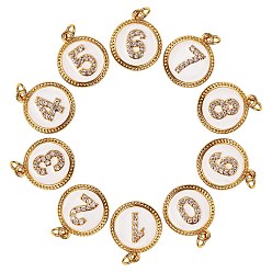 Настоящее золото 18K 10 шт 10 стиль латунь микропаве прозрачные подвески из кубического циркония, долговечный, с прыжковыми кольцами и белой эмалью, плоские круглые с номером, реальный 18 k позолоченный, 14.5x12x2 мм, 1 шт / стиль