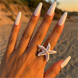 White Alloy Enamel & Rhinestone Finger Rings, Starfish, with Plastic Pearl, Golden, White, 17mm