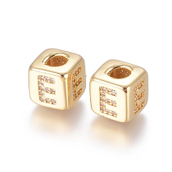 Letter E Brass Micro Pave Cubic Zirconia Beads, Cadmium Free & Lead Free, Long-Lasting Plated, Cube with Letter, Clear, Golden, Letter.E, 10x8x8.5mm, Hole: 1.5x3.5mm and 4mm