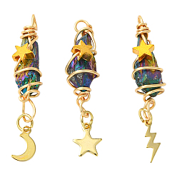 Разноцветный 3 шт. 3 стили гальванические подвески из натурального кварца, подвески-слезинки из медной проволоки с драгоценными камнями 304 из нержавеющей стали с луной, звездами и молниями, золотые, красочный, 46.7 мм, отверстие : 3.4 мм, 1 шт / стиль