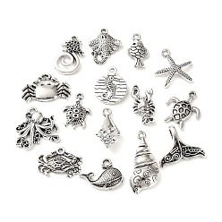 Античное Серебро Сплавочные подвески тибетского стиля, морские животные амулеты, античное серебро, 14~29x10~21x2~6 мм, отверстие : 1.2~1.6 мм, 15 шт / пакет
