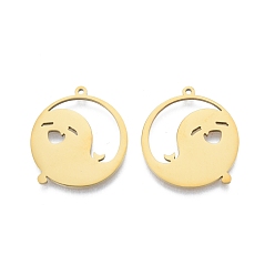 Real 18K Gold Plated Ion Plating(IP) 201 Stainless Steel Pendant, Flat Round with Ghost, Real 18K Gold Plated, 27.5x25x1.5mm, Hole: 1.4mm