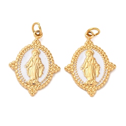 Белый 304 нержавеющей стальной эмали подвески, овал с подвеской девы марии, с целью перехода в кольце, ионное покрытие (ip), белые, 19x14x2 мм, отверстие : 2.5 мм