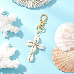 Золотой Крест натуральный кулон из ракушек каури украшения, Поворотные застежки-лобстеры из сплава для украшений сумок, золотые, 82~84 мм, Кулон : 47.5~51x29~30x8~8.5 мм, застежка : 31x12.5x5 mm