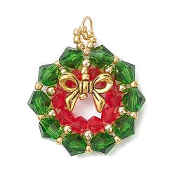 Зеленый Стеклянные подвески, Рождественский венок с бантом, со стеклянными бусинами и 304 открытыми соединительными кольцами из нержавеющей стали, граненые, зелёные, 33x29~30x6 мм, отверстие : 4.8 мм