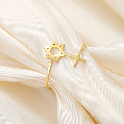 Golden 304 Offene Manschettenringe aus Edelstahl für Paare, Davidstern mit Kreuz, golden, us Größe 4 1/4 (15~20 mm)