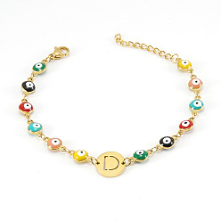 Letter D Красочные 304 браслеты из нержавеющей стали с плоскими круглыми звеньями и эмалью в виде «злого глаза», Браслеты с подвесками в виде букв для женщин, золотые, реальный 18 k позолоченный, Буква D, 6.69 дюйм (17 см)