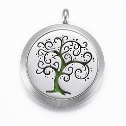 Lime Green 316 Surgical Stainless Steel Diffuser Locket Pendants, with Perfume Pad and Magnetic Clasps, Flat Round with Tree of Life, Stainless Steel Color, Lime Green, 37x30x6.5mm, Hole: 5mm, inner diameter: 23mm