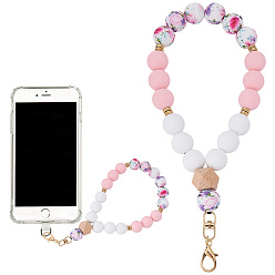 Pink 1Pc Silicone & Wood Pendant Decorations, with Alloy Lobster Claw Clasps, Round, Golden, Pink, 220mm