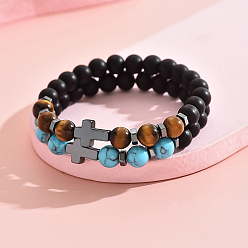 Stainless Steel Color 2Pcs 2 Styles Natural & Synthetic Mixed Gemstone Beaded Stretch Bracelets Set, 304 Stainless Steel Cross Stackable Bracelets, Stainless Steel Color, Inner Diameter: 2-3/8~3-1/8 inch(6~8cm), 1pc/style