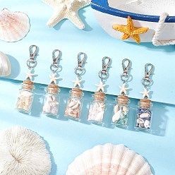 Смешанные камни Бусины из натурального лазурита/аметиста/сердолика/цитрина/розового кварца/амазонита и ракушек внутри стеклянной бутылки желаний, подвеска, украшения, с синтетической бирюзовой морской звездой и застежками-лобстерами из сплава, 88.5 мм, 6 шт / комплект