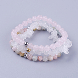 Смешанные камни Браслеты из натурального смешанного драгоценного камня, розовый кварц и морганит и кристалл кварца, с 304 из нержавеющей стали бусы, упаковка из картона, 2 дюйм ~ 2-1/4 дюйм (52~57 мм), 3strands / комплект