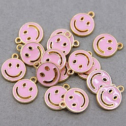 Pink Подвески из эмали и сплава, плоский круглый с пустым улыбающимся лицом, золотой свет, розовые, 14x11.5x1.8 мм, отверстие : 1.5 мм