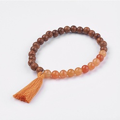 Aventurine Natural Red Aventurine Stretch Bracelets, with Wood Beads and Cotton Thread Tassel, 2-1/8 inch(5.5cm)