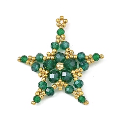 Green Electroplate Glass Pendants, Star Charms, with Seed Beads, Faceted, Green, 40x38x6.5mm, Hole: 1.6mm