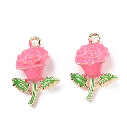 Pink Alloy Enamel Pendants, Rose Flower Charms, Golden, Pink, 19x13x6mm, Hole: 1.6mm