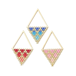 Mixed Color 3Pcs MIYUKI Glass Seed Beaded Rhombus Pendants, with Golden 304 Stainless Steel Linking Ring, Gradient Color, Mixed Color, 30x18.5x1.5mm, Hole: 0.8mm