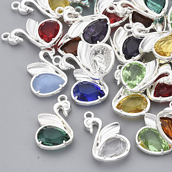 Silver Eco-Friendly Alloy Glass Pendants, Faceted, Nickel Free, Swan, Mixed Color, Silver Color Plated, 20x12.5x4mm, Hole: 1.5mm
