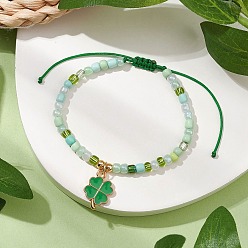 Зеленый Регулируемый нейлоновый шнур браслеты из плетеных стеклянных бусин, сплав эмали клевер ювелирные изделия для женщин, зелёные, внутренний диаметр: 2~3-1/4 дюйм (5.05~8.25 см)