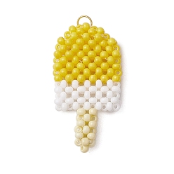 Желтый Подвески в виде ледяных присосок из стеклянных бус, с открытыми пружинными кольцами из нержавеющей стали 304, желтые, 33x17.5x5.5 мм, отверстие : 2.5 мм