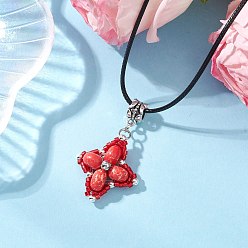 Красный Звезда с подвеской из окрашенной синтетической императорской яшмы и стеклянных бусин, ожерелья из черного вощеного хлопкового шнура, античное серебро, красные, 17.80 дюйм (45.2 см)