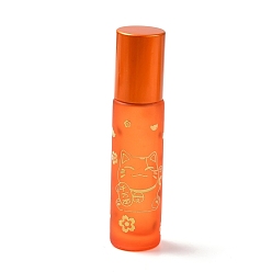 Dark Orange Glass Essential Oil Roller Bottles, with Lid and Stainless Steel Roller Balls, Refillable Bottles, Column with Fortune Cat Pattern & Chinese Character, Dark Orange, 2x8.6cm, Hole: 9.5mm, Capacity: 10ml(0.34fl. oz)