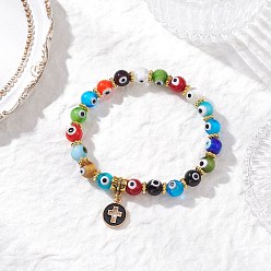 Разноцветный Браслеты с подвесками из сплава с эмалью и плоскими круглыми крестами, Комплекты браслетов ручной работы из бисера и бусин от сглаза для мужчин и женщин, золотой свет, красочный, внутренний диаметр: 2-3/8 дюйм (5.9 см)