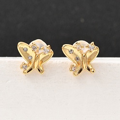 Настоящее золото 18K Серьги-гвоздики в форме бабочек из латуни с микропаве из прозрачных кубических цирконий, с 316 хирургическими штифтами из нержавеющей стали, без никеля , реальный 18 k позолоченный, 8x8.5 мм