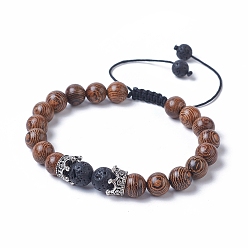 Lava Rock Adjustable Natural  Lava Rock Braided Bead Bracelets, with Dyed Wood Beads, Nylon Thread and Antique Silver Plated Alloy Crown Beads, 2 inch~3-3/8 inch(5~8.5cm)