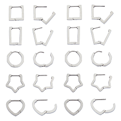 Stainless Steel Color 304 Stainless Steel Huggie Hoop Earrings, Heart/Star/Square/Ring/Rectangle, Stainless Steel Color, 5pairs/box