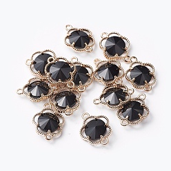 Black Glass Links connectors, with Eco-Friendly Alloy Open Back Berzel Findings, Faceted, Flower, Light Gold, Black, 15.5x12x4mm, Hole: 1.4mm