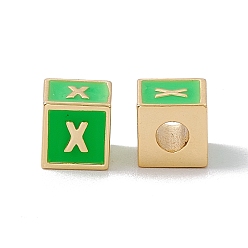 Letter X Стойки покрытие латунь эмаль бисер, без кадмия, без никеля и без свинца, реальный 18 k позолоченный, куб с письмом, зеленый лайм, letter.x, 6x6x6 мм, отверстие : 2.5 мм