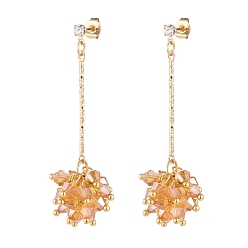 Goldenrod Faceted Glass Beads Stud Earrings, Cluster Earrings, with Iron Bar Links, Brass Stud Earring Findings and Ear Nuts, Goldenrod, 53.5mm