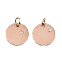 Розовый Позолоченный 316 хирургические подвески из нержавеющей стали, с кубического циркония, плоско-круглые, прозрачные, Настоящее розовое золото покрыто, 12x2 мм, отверстие : 3 мм