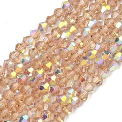 Темный Лосось Гальванизируйте прозрачное стекло бисер нитей, двухконусные, с покрытием AB цвета, граненые, с половиным покрытием, темный лосось, 4.5x3.5~4 мм, отверстие : 0.8~1 мм, около 82~83 шт / нитка, 12.01''~12.20'' (30.5~31 см).