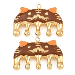 Brun Saddle 304 acier inoxydable émail pendentifs, charme peigne tigre, réel 18 k plaqué or, placage ionique (ip), plaqué longue durée, selle marron, 20.5x30x5mm, Trou: 1.8mm