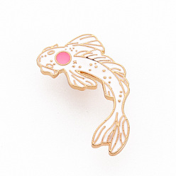 White Rack Plating Alloy Enamel Brooches, Enamel Pins, with Butterfly Clutches, Fish, Cadmium Free & Nickel Free & Lead Free, Light Gold, White, 38.5x23mm, Pin: 1mm