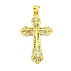 Real 18K Gold Plated Rack Plating Brass Micro Pave Cubic Zirconia Pendants, Long-Lasting Plated, Cadmium Free & Lead Free, Cross, Real 18K Gold Plated, 35x21x4.5mm, Hole: 3.5x5mm