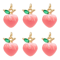 Peach 6подвески из латуни с микропаве из кубического циркония, фрукты, с эмалью и кольцом для прыжков, долговечный, без кадмия и без свинца, реальный 18 k позолоченный, персик, 14x10 мм, отверстие : 3.5 мм