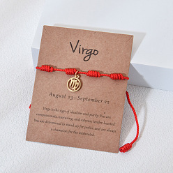 Дева 12 созвездия 304 плоские круглые браслеты из нержавеющей стали с подвесками, регулируемые браслеты из нейлонового шнура для мужчин и женщин, золотые, Дева, периметр: 7-1/8~9-1/8 дюйм (18~23 см)