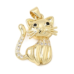 Real 18K Gold Plated Brass & Clear Cubic Zirconia Pendants, Rack Plating, Long-Lasting Plated, Cadmium Free & Lead Free, Cat Charms, Real 18K Gold Plated, 22.5x17x5mm, Hole: 4x3mm