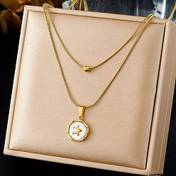 Звезда 304 Двухслойное ожерелье из нержавеющей стали с квадратным диском из натуральной белой раковины., золотые, звезда, 14.96 дюйм (38 см)