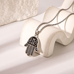 Черный 304 ожерелья с подвесками на руку из эмали хамса из нержавеющей стали, забавные и невыцветающие украшения, цвет нержавеющей стали, чёрные, 21.85 дюйм (55.5 см)