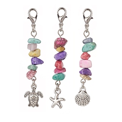 Античный Серебристый & Платиновый Украшения из тибетского сплава, с 7 чакрами из синтетических бирюзовых бусин и застежками-карабинами из сплава, черепаха, панцирь и морская звезда, старинное серебро и платина, 61~62 мм, 3 шт / комплект