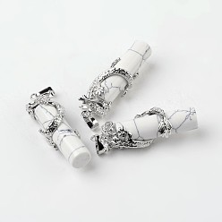 Говлит Трубка натуральный Howlite подвески, с латунной фурнитурой дракона , платина, 48x15x10 мм, отверстие : 7x5 мм