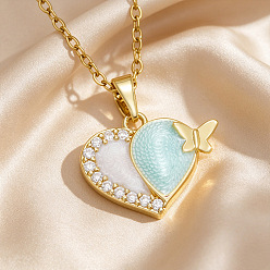 Heart Brass Enamel Pendant 201 Stainless Steel Cable Chain Necklaces for Women, Golden, with Crystal Rhinestone, Pale Turquoise, Heart, 17.72 inch(45cm), pendant: 20mm