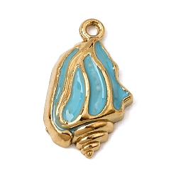Light Sky Blue 304 Stainless Steel Enamel Pendants, Conch Shape Charms, Ion Plating(IP), Real 18K Gold Plated, Light Sky Blue, 20x12x4mm, Hole: 1.4mm