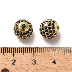Black 925 Sterling Silver Micro Pave Cubic Zirconia Beads, Round, Real 18K Gold Plated, Black, 10x9mm, Hole: 2.2mm